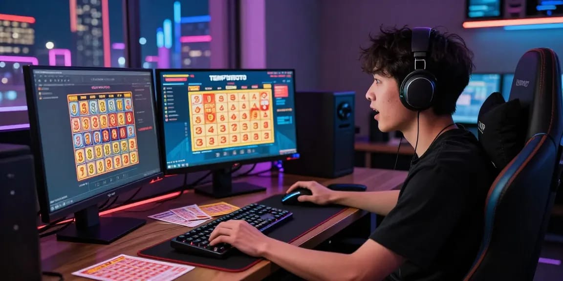 Engaged user at TEMPOTOTO login, showcasing dynamic online gaming experience with vibrant lottery graphics and ambient atmosphere.