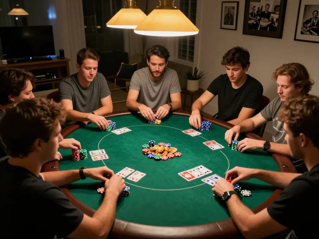 Players enjoying a lively poker game at home showcasing strategic moments and camaraderie in a CM88 setting.