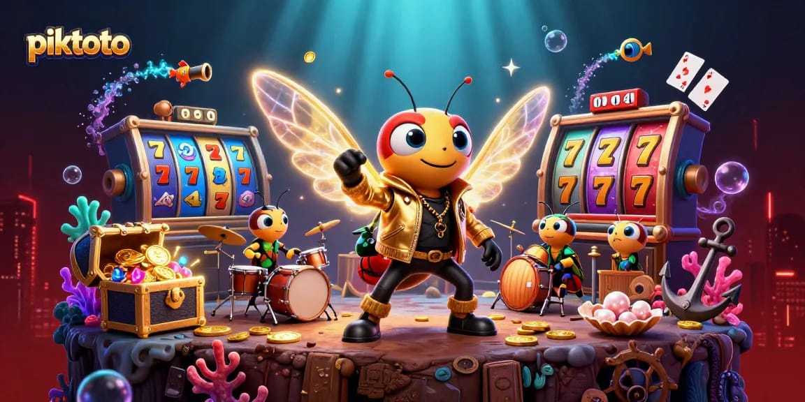 Ikon piktoto menampilkan cicada rock star memimpin dengan slot reels glamour, simbol keberuntungan dan harta karun berkilau.