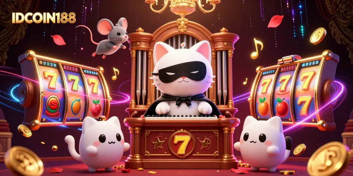 Experience the excitement of IDCOIN188 with vibrant slot reels and captivating characters in a lively casino setting.