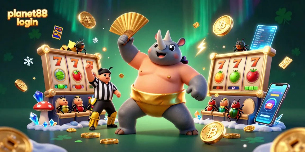 Join the excitement with planet88 login as the beetle champion strides beneath jackpots and spinning slot reels.