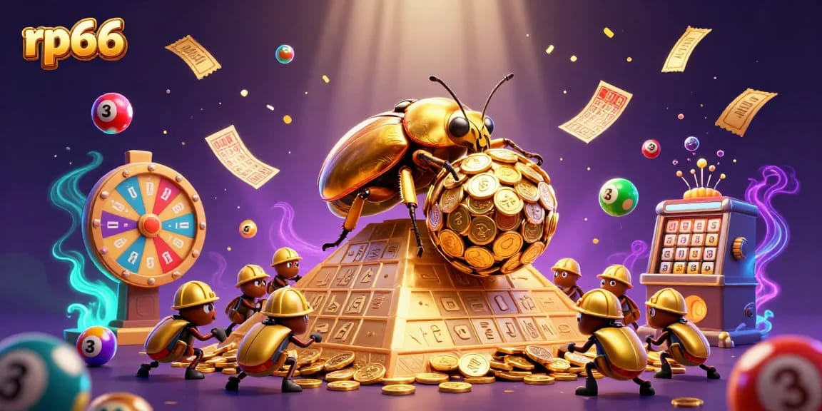 Experience the excitement with rp66 as golden coins and vibrant lottery elements energize the scene.