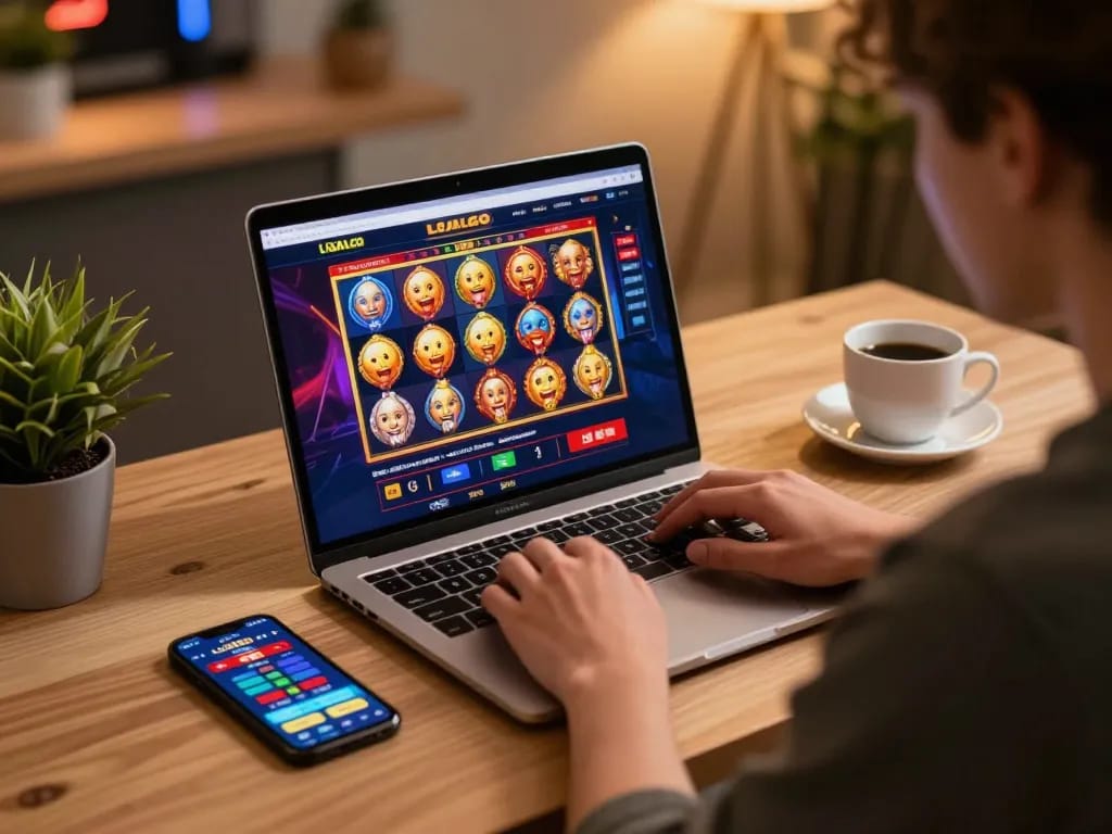 LIGALGO online casino session with vibrant slots on laptop, focused player enjoying gaming.