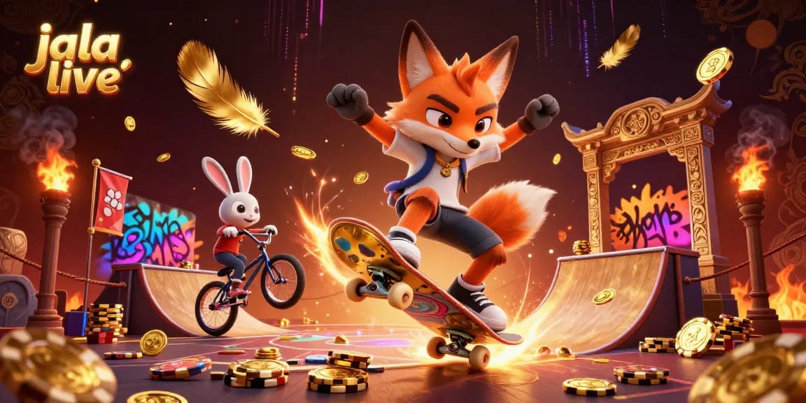 Experience jala live action with dynamic cartoon characters in vibrant casino-themed illustration.