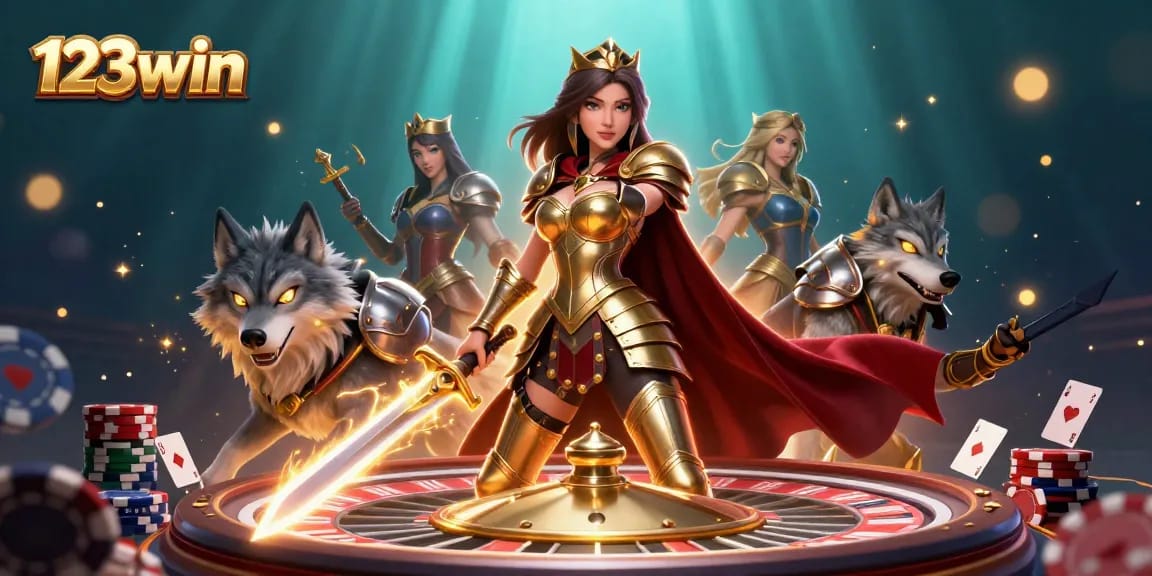 Experience interactive gaming at 123win with a warrior queen and her allied wolf in a vibrant casino scene.