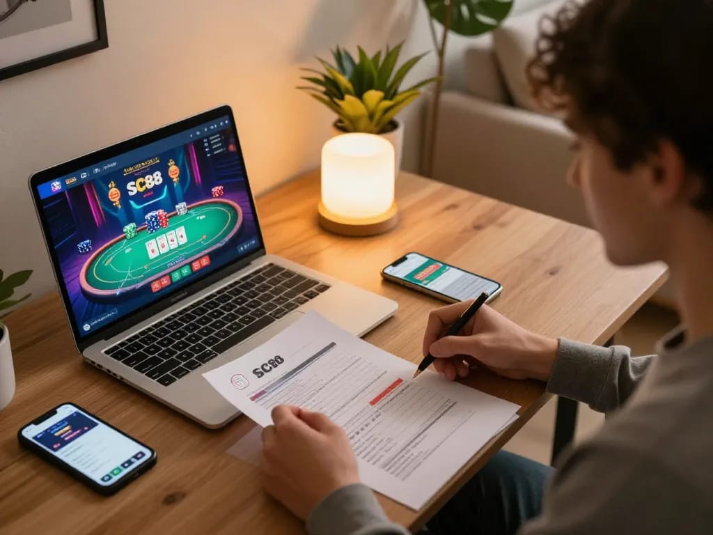 Player strategizing on laptop with SC88 casino site in a cozy home setting