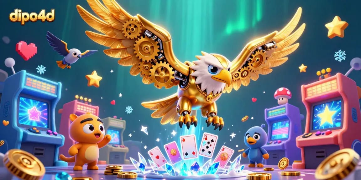 Diving into winning strategies with dipo4d, illustrated by a cybernetic eagle through holographic cards.