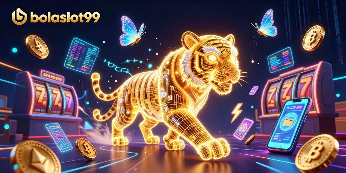 Spin the reels with bolaslot99 in a vibrant casino scene featuring a golden tiger and digital elements.