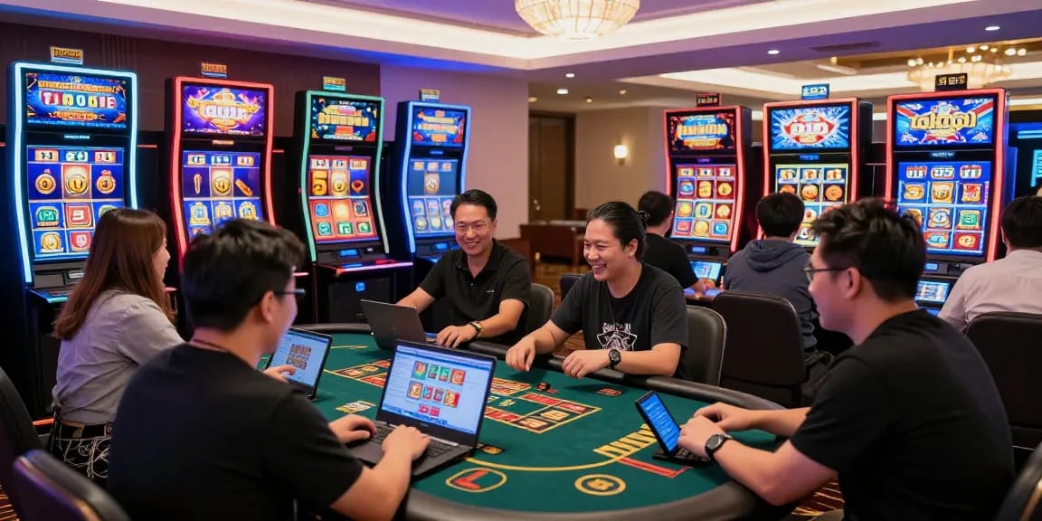 Exciting online gambling scene at tempototo with players enjoying lottery and slots.
