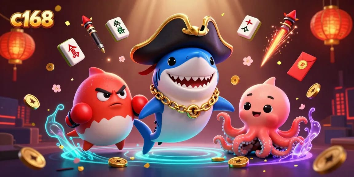 Engage with c168's exciting features as a cartoon shark, pufferfish, and octopus embrace the thrill of gambling.