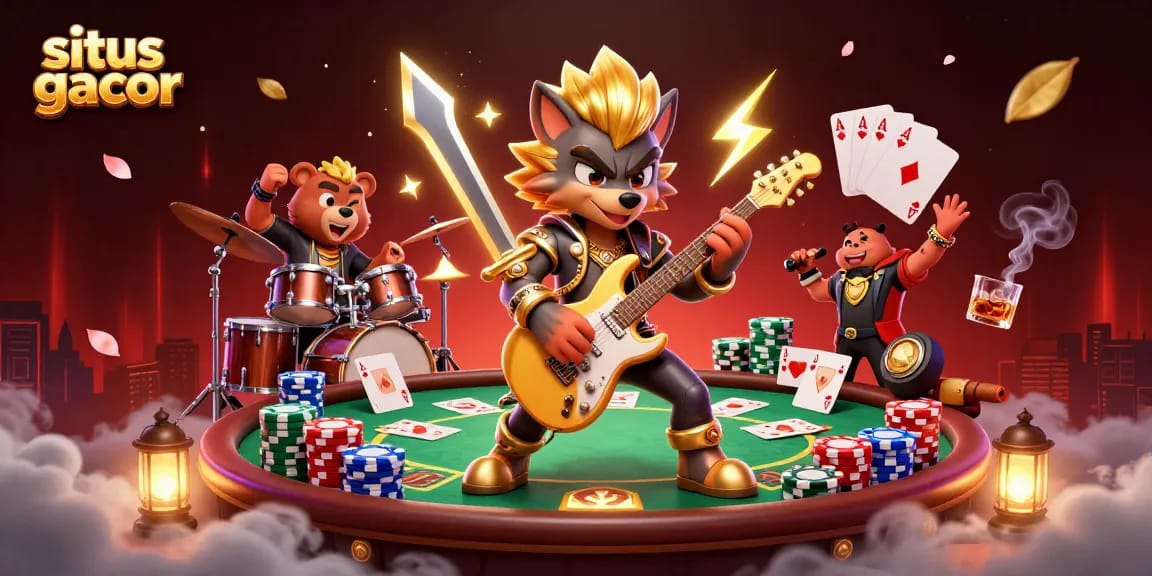Experience situs gacor excitement with a rock star wolf and drummer bear in a vibrant casino scene.