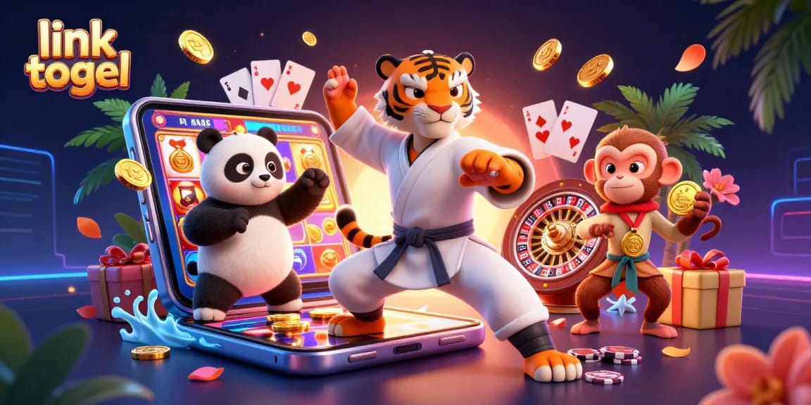 Engage with link togel in this vibrant 3D scene of a tiger master and casino elements.