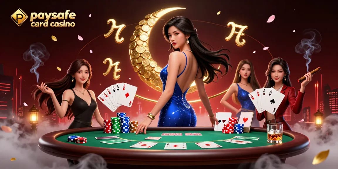 Erleben Sie den Nervenkitzel des Paysafe Card Casinos mit einer lebendigen 3D-Illustration, die elegante Charaktere und Poker-Elemente zeigt.