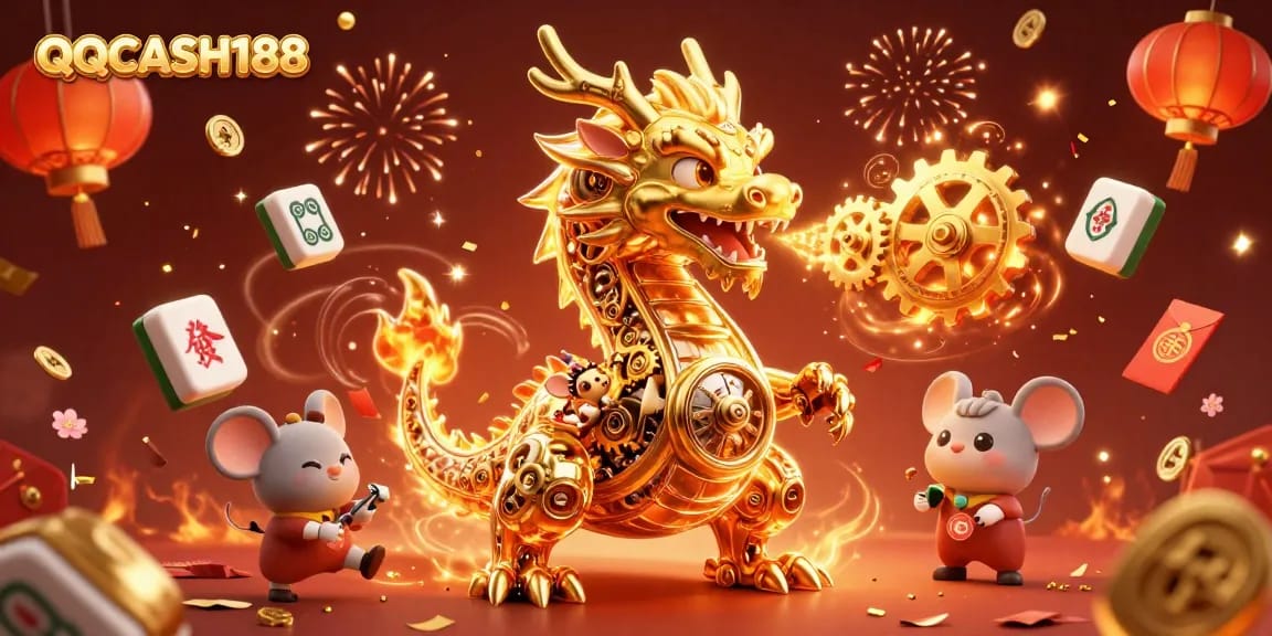 Engage with QQCASH188's vibrant casino experience featuring a golden dragon and festive elements.