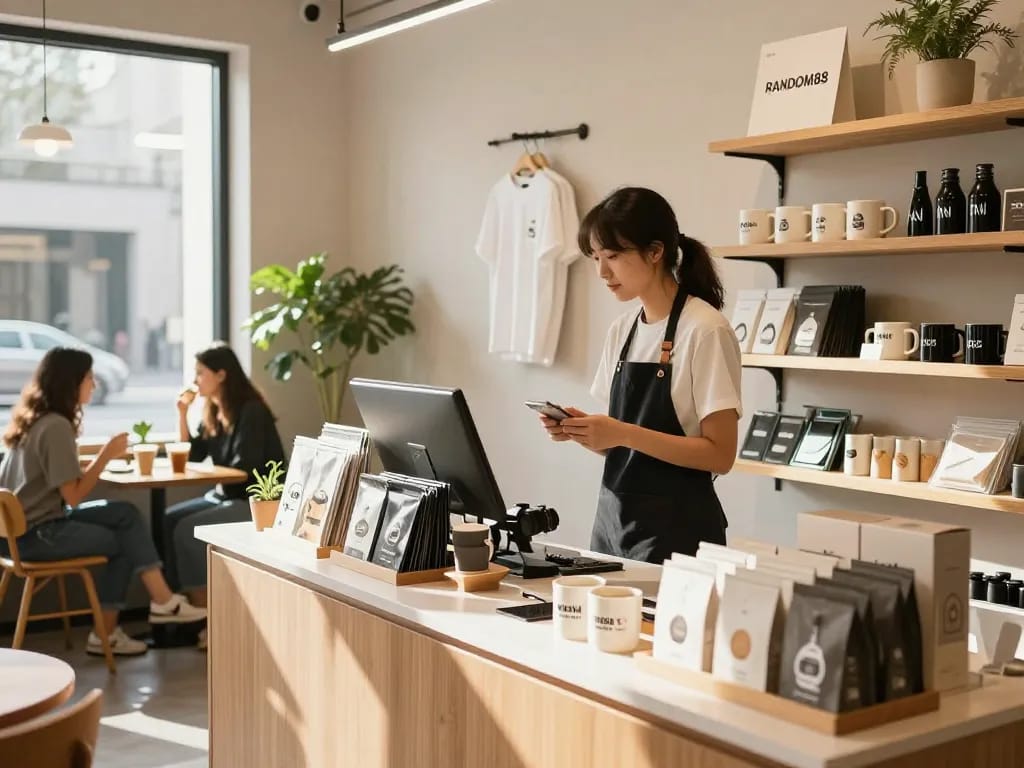RANDOM88 products displayed in a stylish café retail setting with engaging staff and inviting atmosphere.