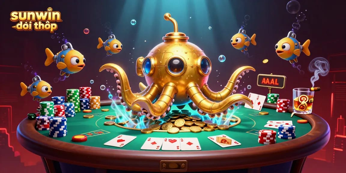 Engage in sunwin đổi thưởng with a vibrant underwater casino scene featuring poker elements and golden treasures.