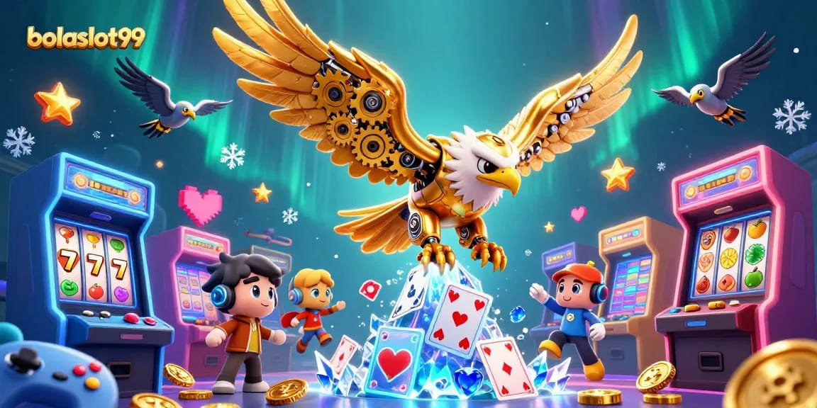 Bolaslot99 showcases excitement with a golden eagle diving through holographic cards in an energetic casino setting.