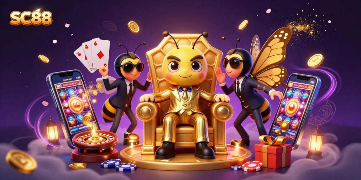 Engage with SC88's vibrant 3D casino scene featuring a bumblebee mob boss surrounded by classic games.