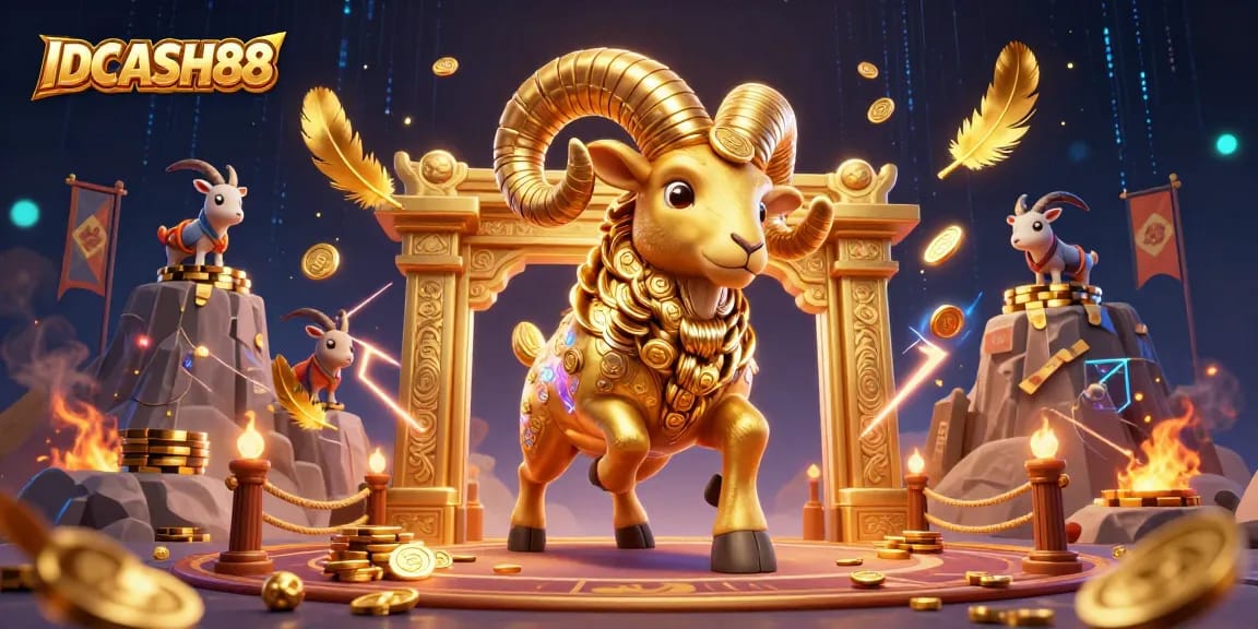 Experience thrilling gameplay at IDCASH88 with our unique golden ram against a vibrant casino backdrop.
