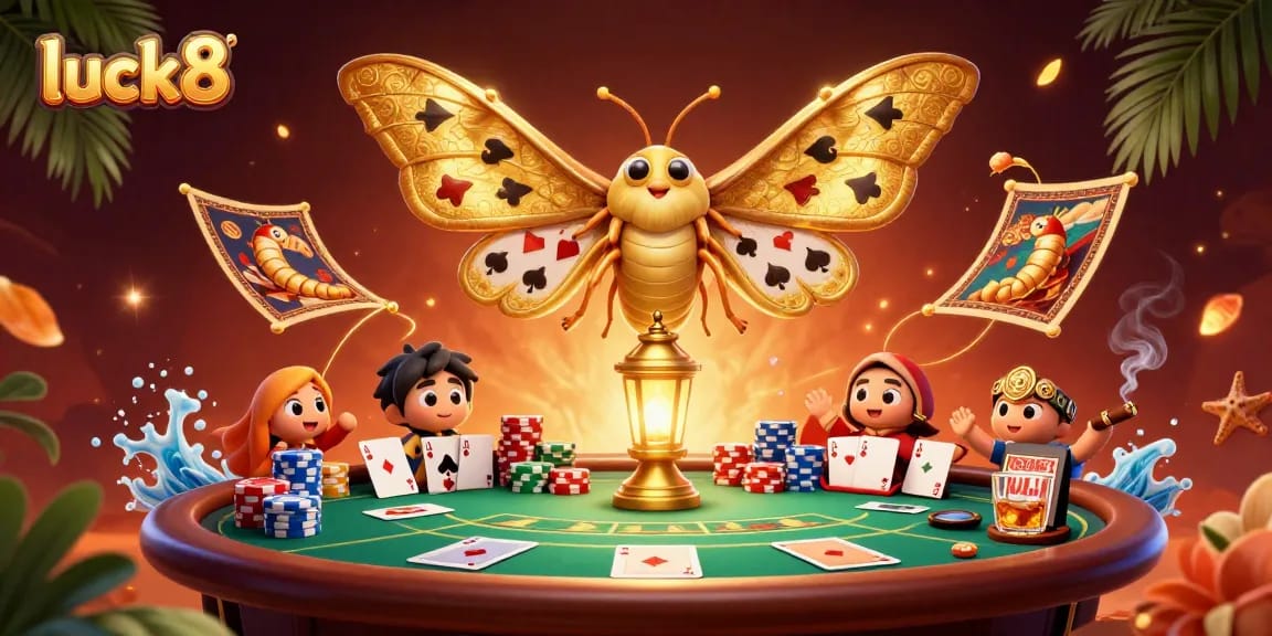 Experience thrilling poker action with luck8 at a golden casino-themed illustration.
