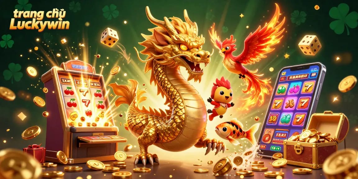 Experience the excitement of trang chủ Luckywin with golden dragon and phoenix amidst a thrilling casino scene.