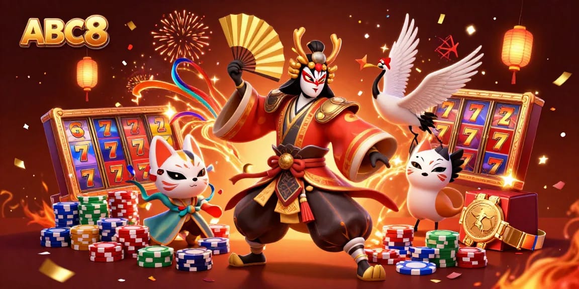 Engage in winning strategies with ABC8, showcasing vibrant slot games and captivating characters in a dynamic casino illustration.