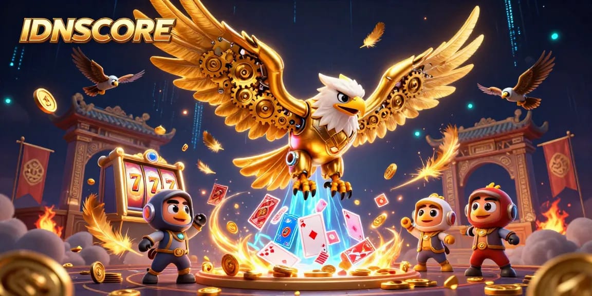 Experience IDNSCORE's thrilling slots with an eagle battling through holographic cards in this 3D illustration.
