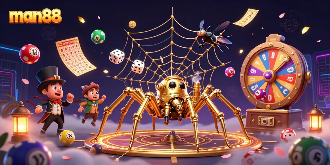 Join the excitement at man88, where a whimsical steampunk spider ensnares dice and celebrates wins!