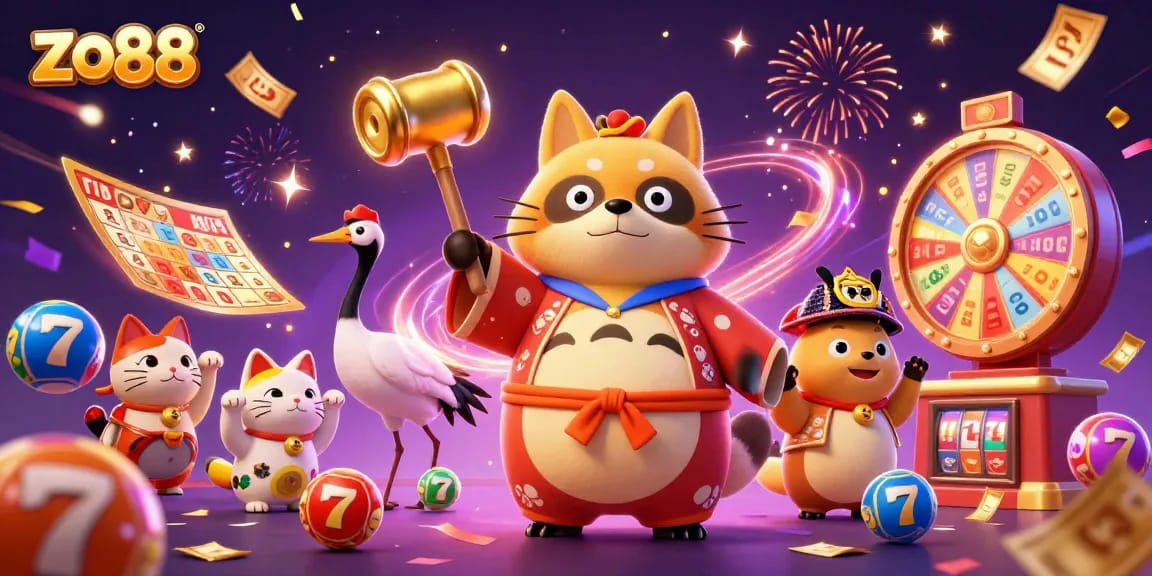 Experience the excitement of zo88 with a vibrant casino scene featuring festive characters and game elements.