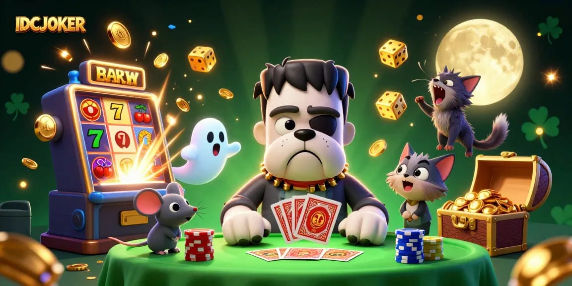 IDCJOKER showcases a lively casino scene with vibrant characters and thrilling gaming elements.