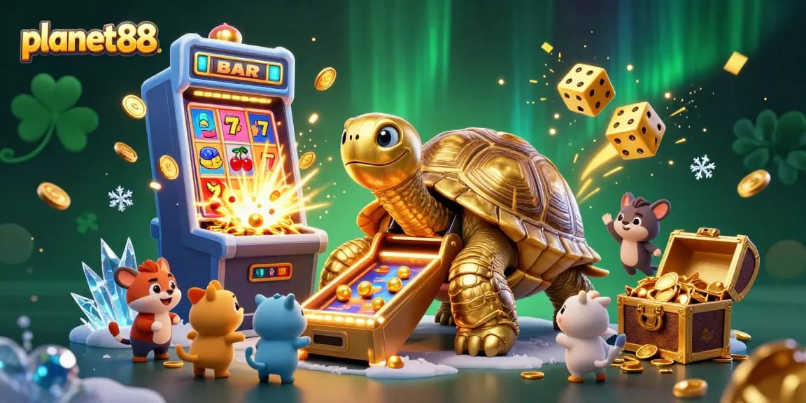 Experience excitement at planet88 with vibrant slot machines and a colossal gaming tortoise.