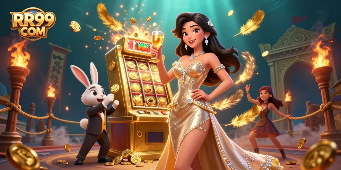 Experience thrilling wins at RR99 COM with a glamorous casino celebration featuring slot games and a jackpot!