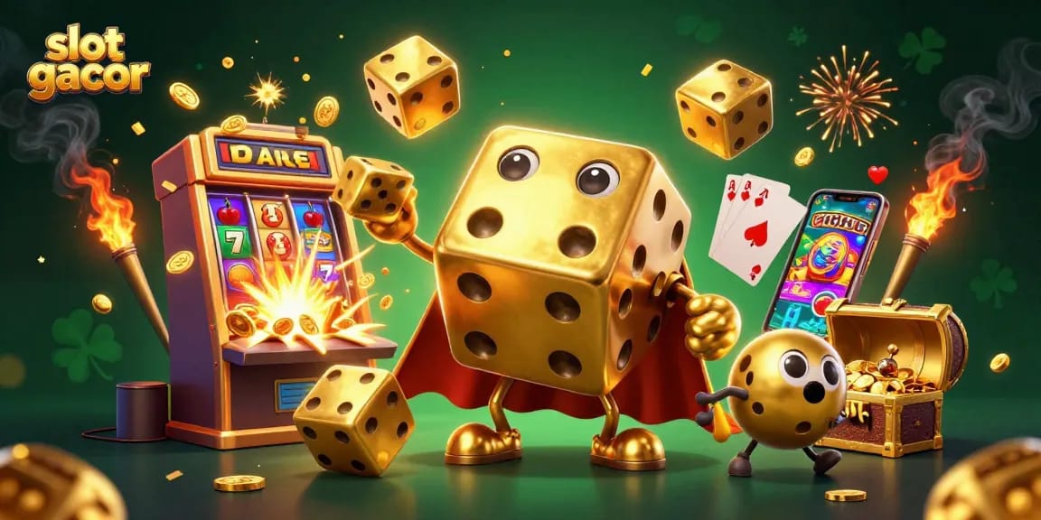 Join the excitement of slot gacor as vibrant golden dice and a jackpot slot machine create a thrilling scene.