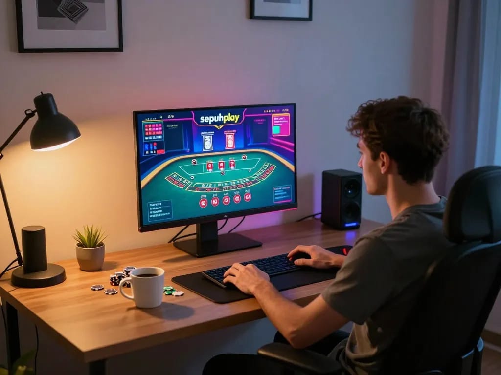 Engaging online baccarat gameplay on sepuhplay displayed on screen with focused player at modern desk.