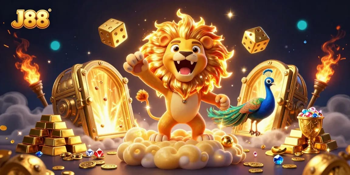 Engage with J88 in a thrilling 3D casino world featuring golden treasures and vibrant characters.