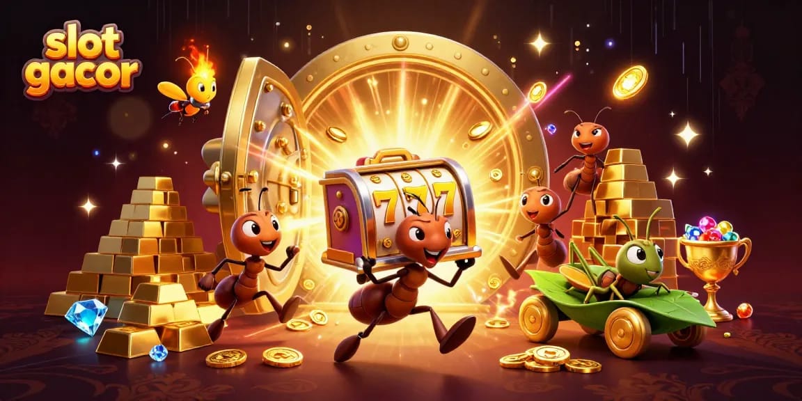 Mengungkap slot gacor dengan karakter lucu dalam ilustrasi stasiun judi yang meriah dan berkilau.