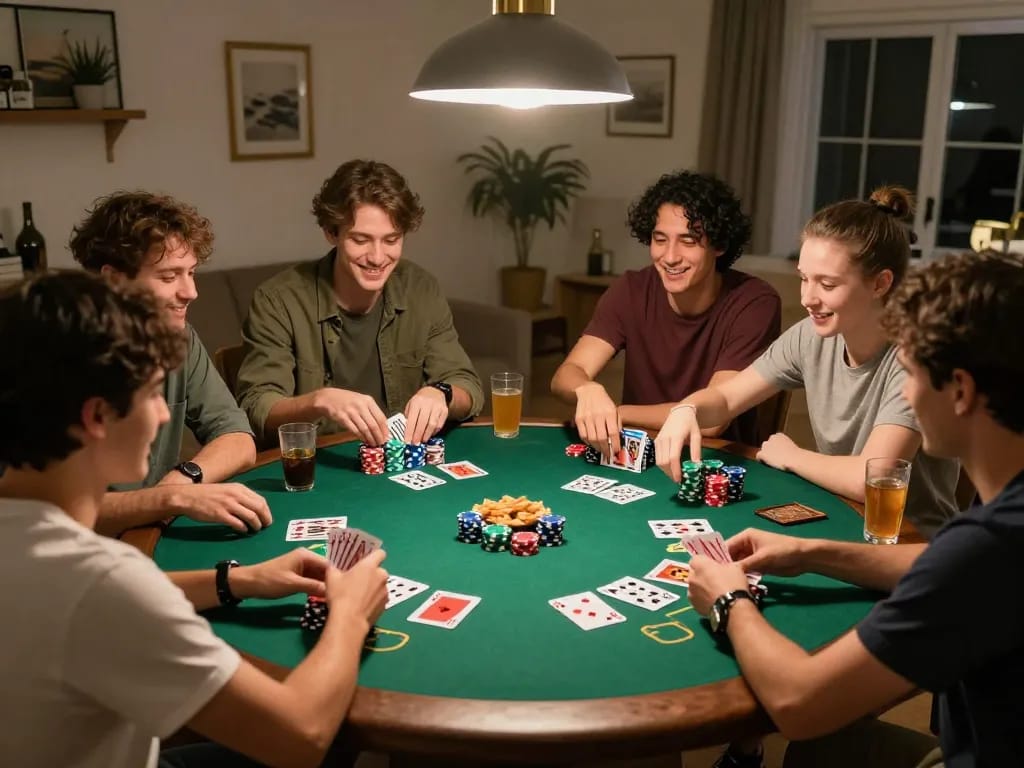 Friends engaged in a poker game at home, showcasing qqmobil strategies with lively interaction and competitive atmosphere.