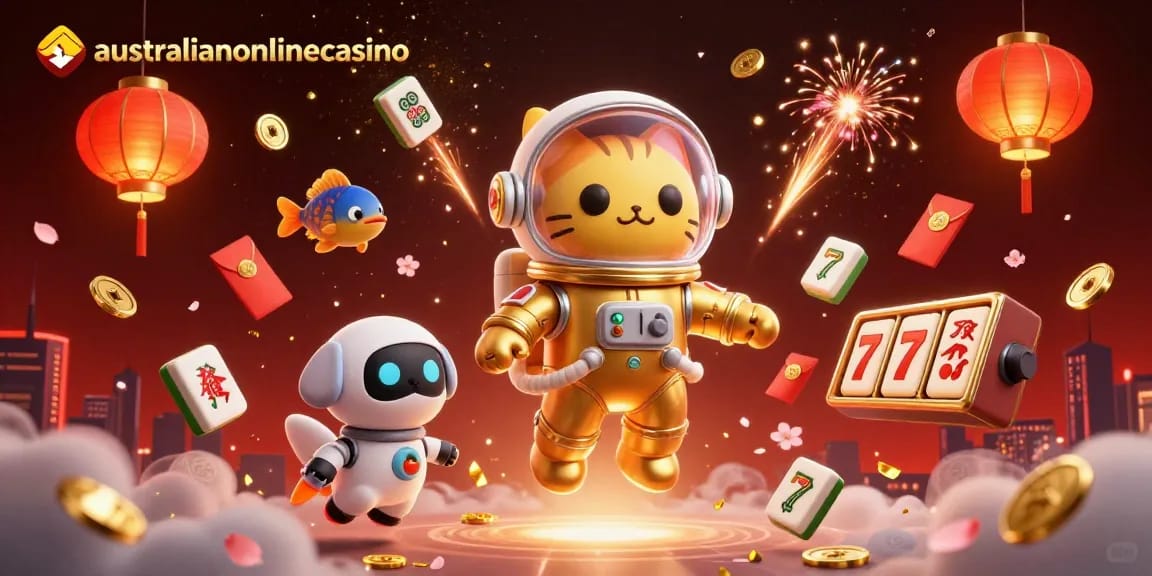 Experience the excitement of australianonlinecasino with vibrant 3D visuals of cats, space, and casino elements.