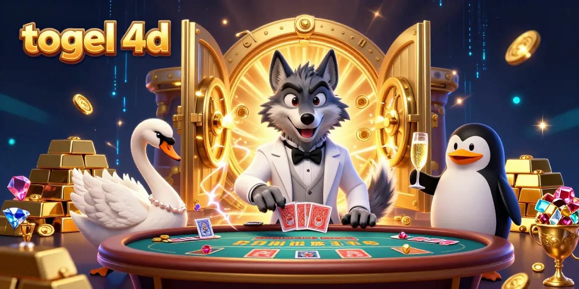 Togel 4d menampilkan karakter kartun 3D bermain baccarat dengan harta karun di sekelilingnya.