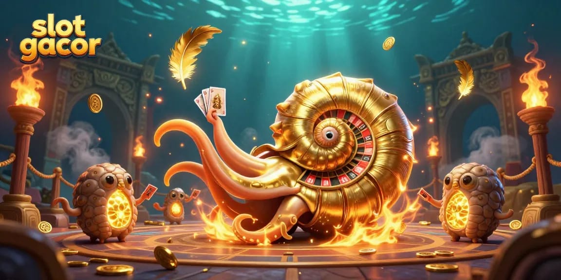 Experience the excitement of slot gacor with a vibrant 3D illustration depicting a nautilus roulette wheel and glowing ammonites.