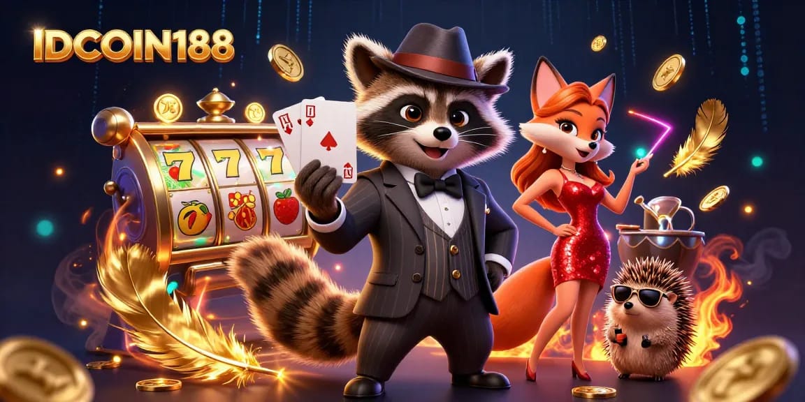 Experience the thrill of IDCOIN188 with a vibrant casino scene filled with winning hands and lively characters.
