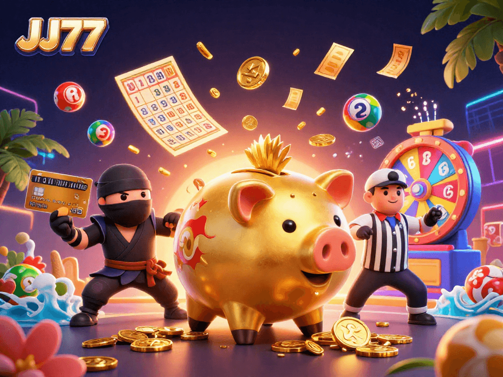 Experience the excitement of JJ77 with a dynamic scene featuring a piggy bank sumo wrestler and colorful lottery elements.
