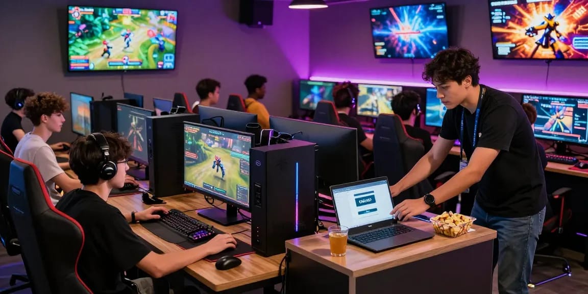 Gamers enjoying online games and creating a CIKA4D account in a vibrant cyber café.