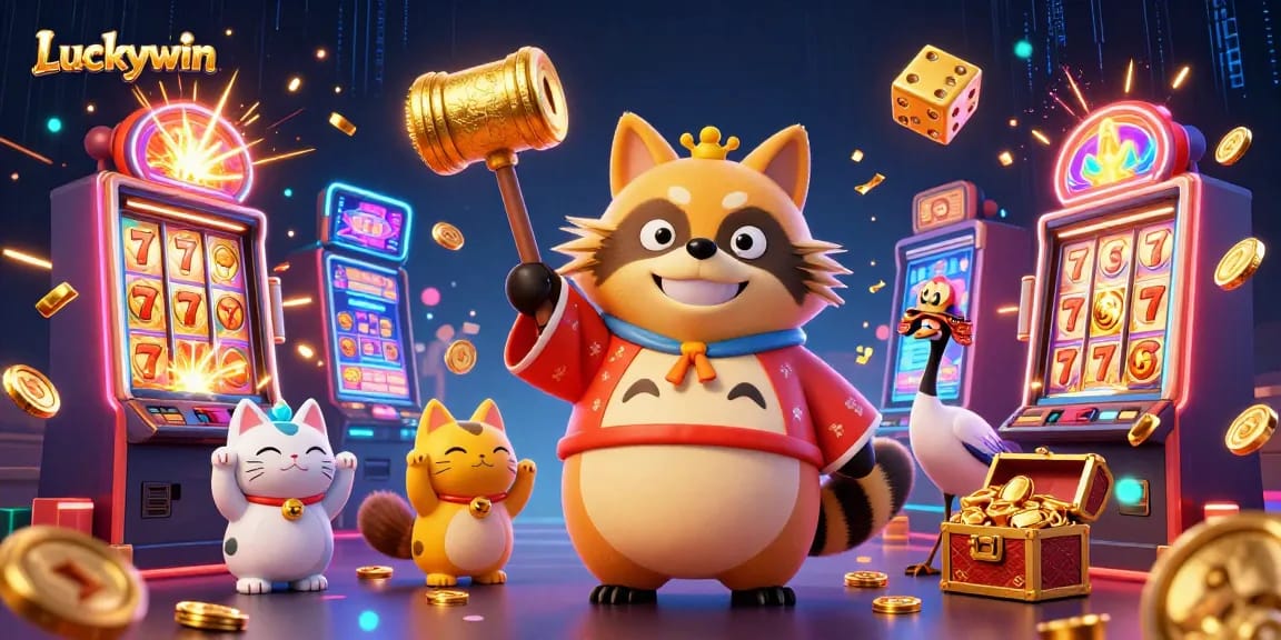 Win big with Luckywin in this vibrant, dynamic 3D casino scene filled with fortune.