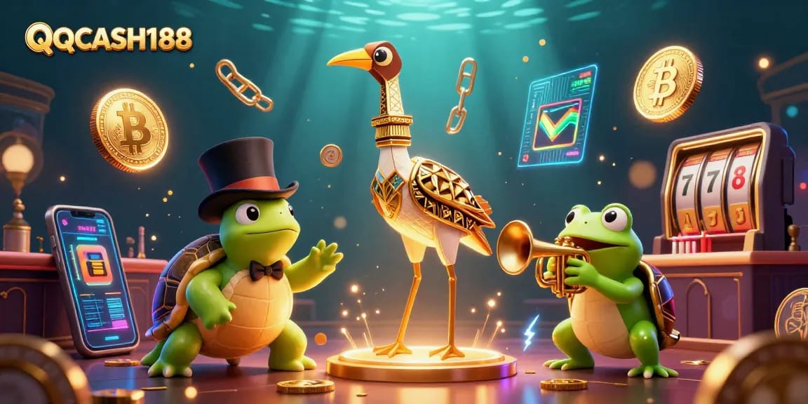 Experience thrilling wins at QQCASH188 with vibrant casino-themed characters in an engaging scene.