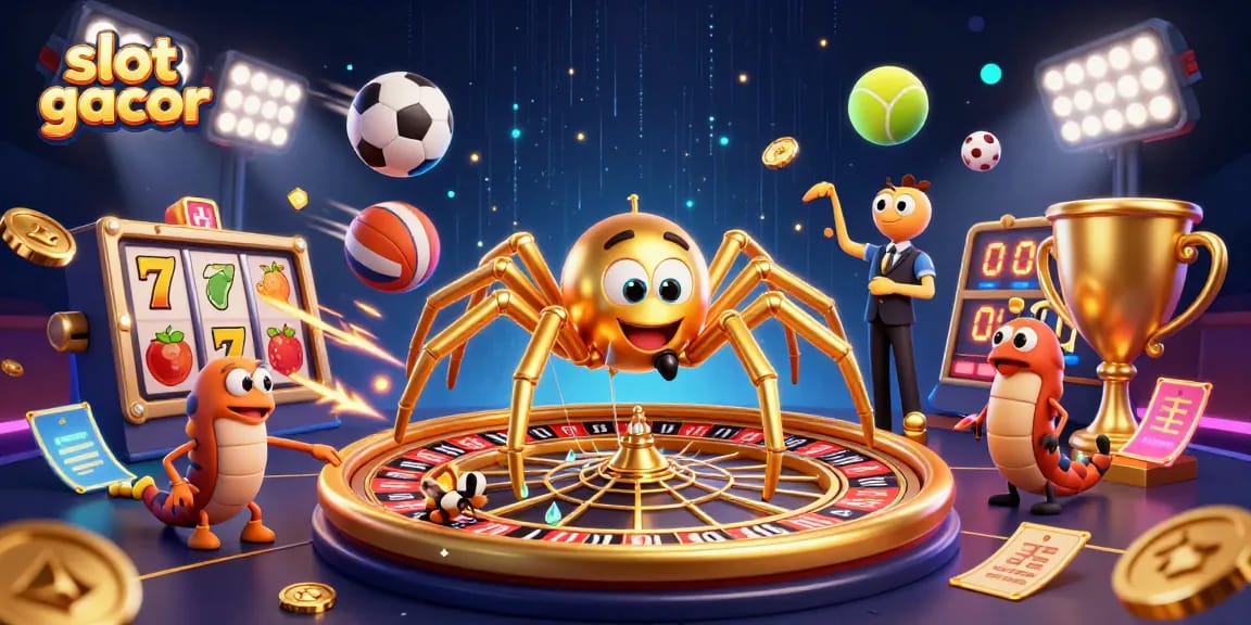 Spin to win with slot gacor's vibrant action featuring a spider and centipede in a dynamic casino scene.