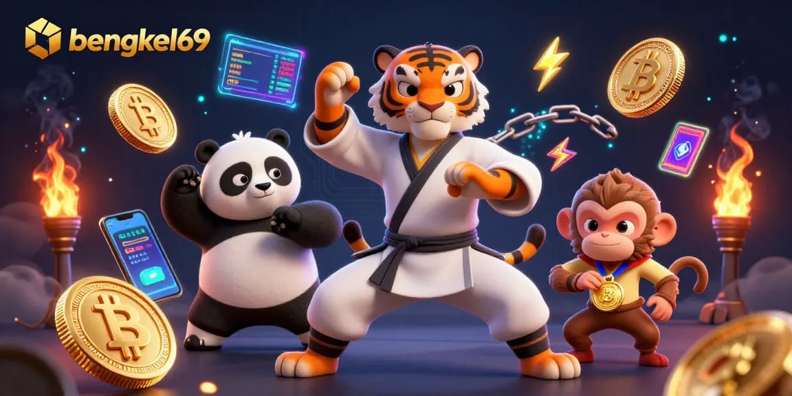 Bengkel69 showcases a dynamic casino scene with a kung fu tiger and panda, embodying the thrill of gaming.
