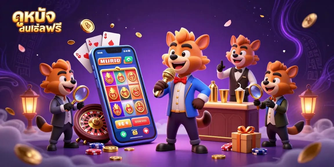 Engage with ดูหนังออนไลน์ฟรี at this vibrant comedy casino scene featuring hyenas and slot games.