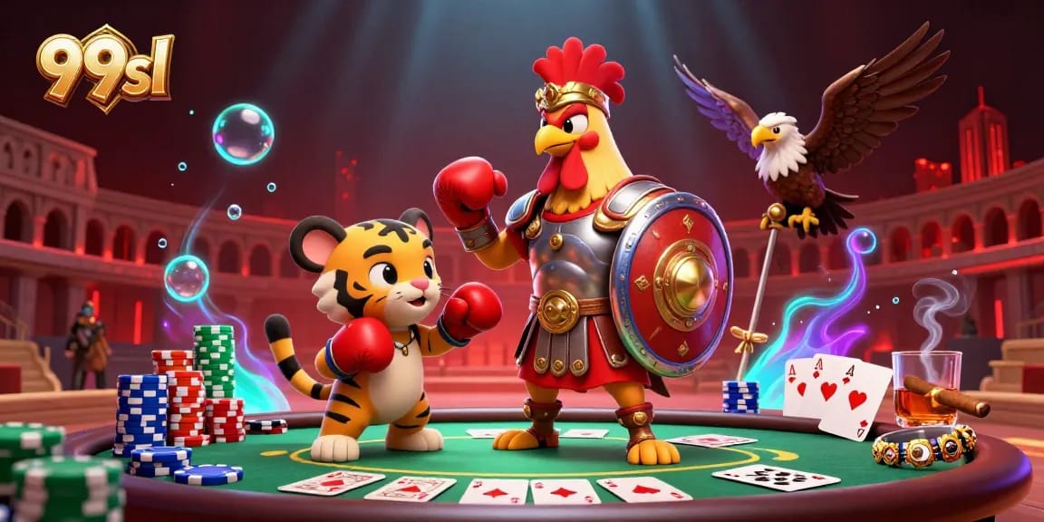 Experience thrilling action with 99sl, featuring a rooster and tiger in a dynamic gaming scene.