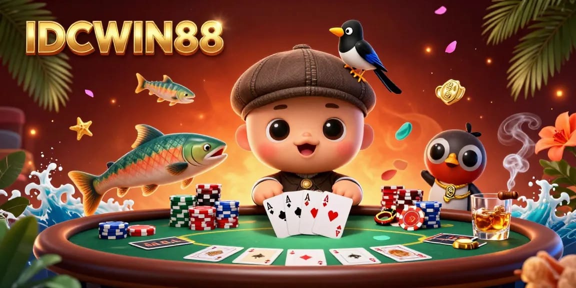 Experience the thrill of IDCWIN88 with a playful 3D cartoon baby Nessie and poker elements.